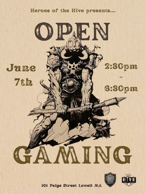 Fantasy-themed open gaming event flyer with warrior illustration and event details.