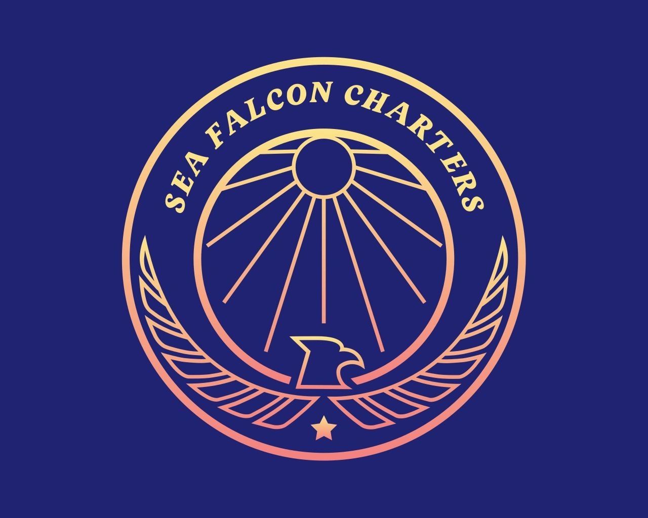 Logo of Sea Falcon Charters with a falcon and sun rays in a circular design.