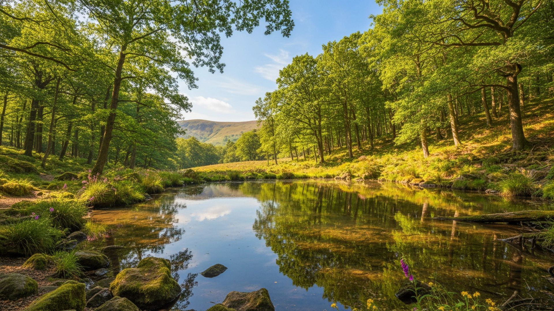 A serene forest lake reflecting lush green trees under a clear blue sky.