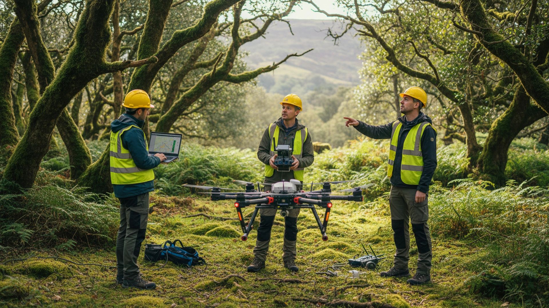 Three workers in safety gear operating a large drone in a forest.