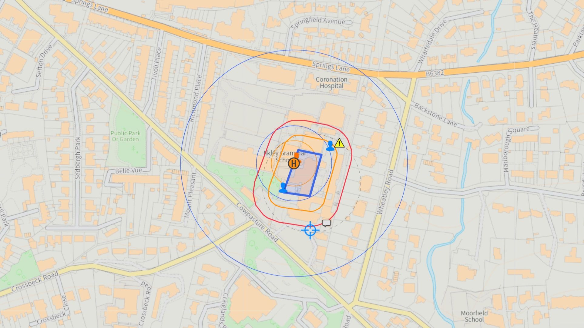 Map showing Ikley Grammar School with marked zones and landmarks.