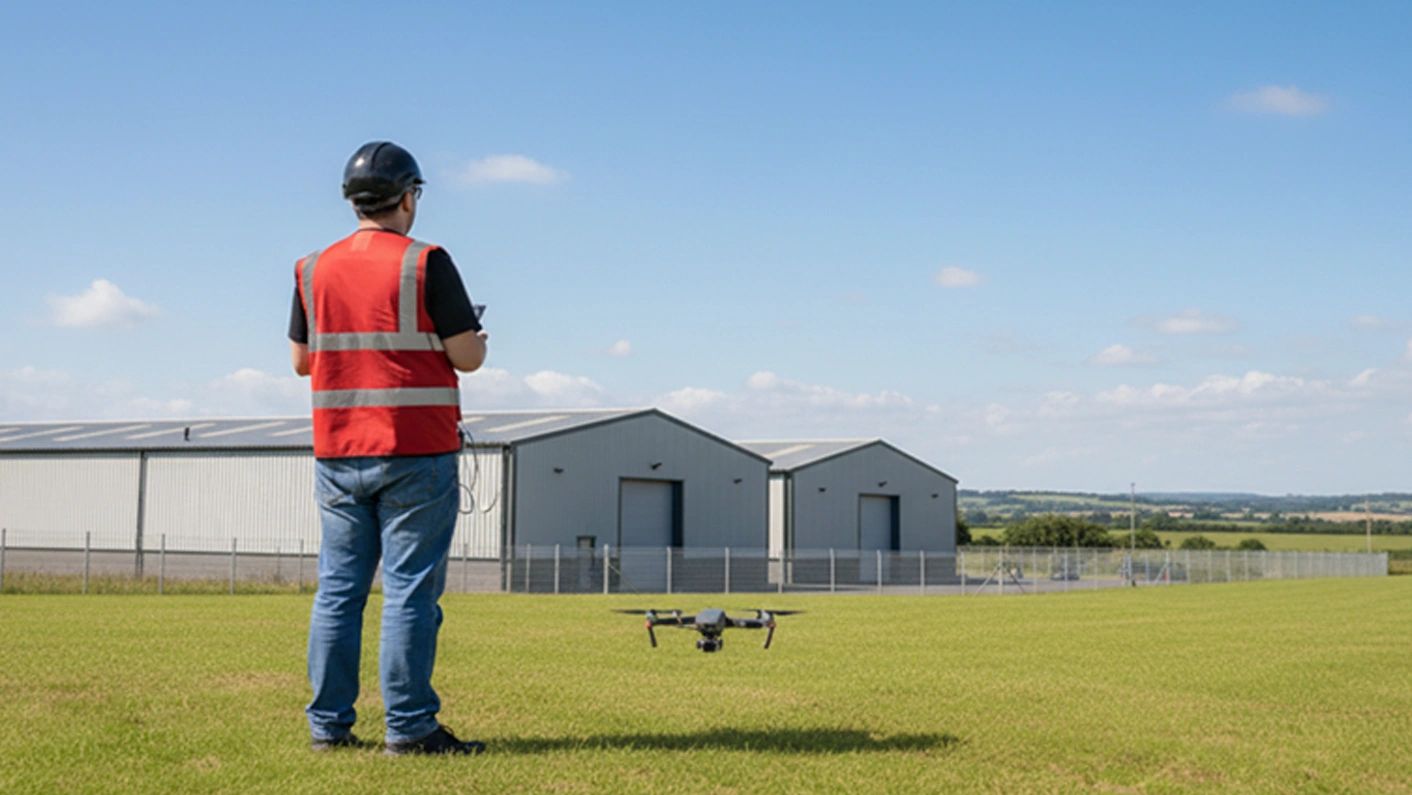 MAN FLYING DRONE CREADY TO SURVEY A COLLECTION OF INDUSTRIAL UNITS IN THE  COUNTRYSIDE