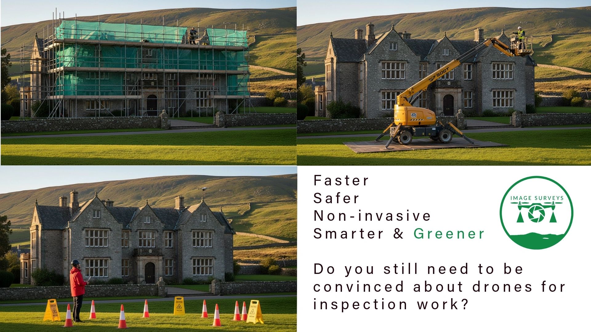 Graphic image showing advantages of drone surveys in context of historic houses and sites.