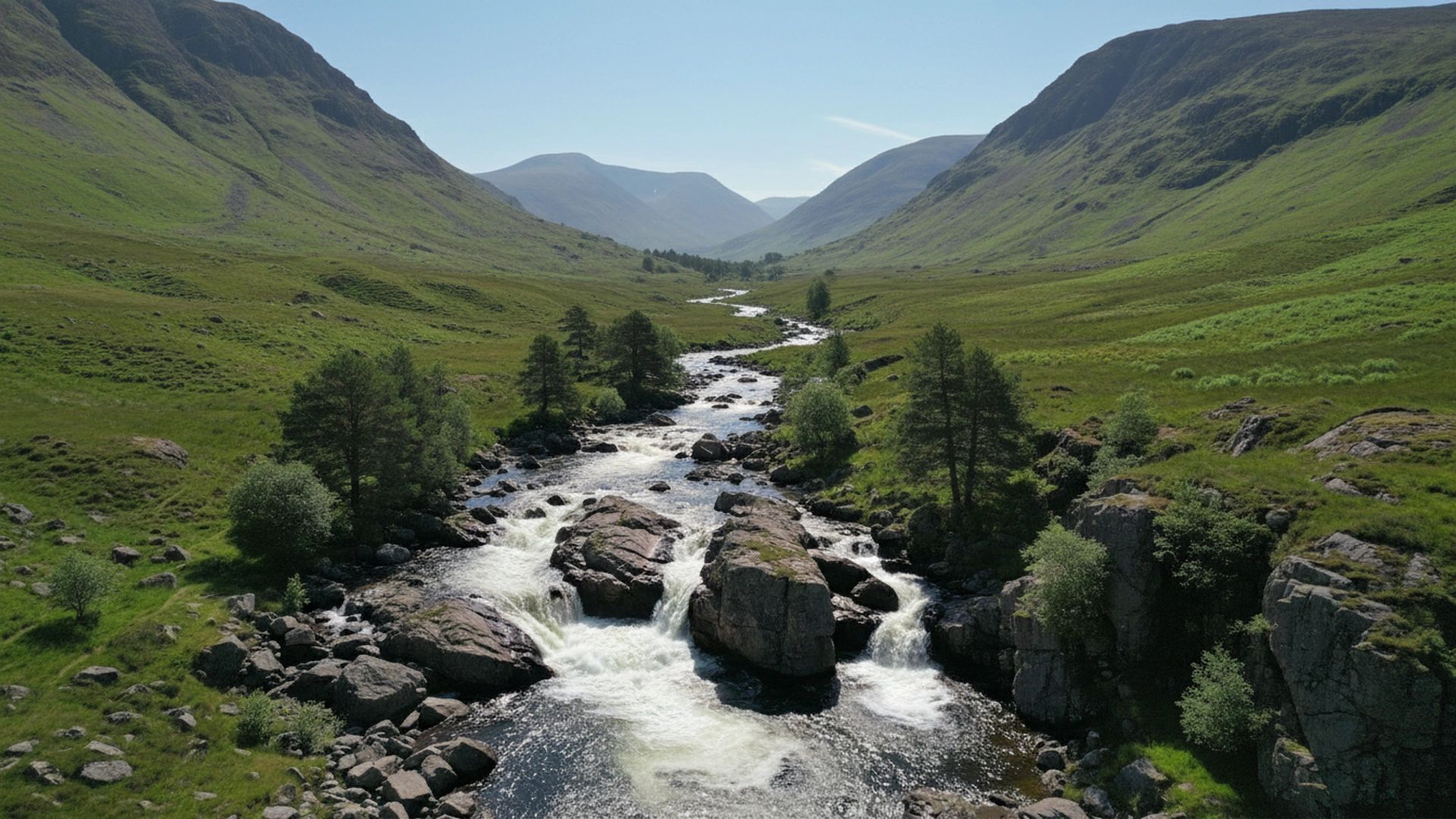 A river flows through a lush green valley surrounded by mountains.