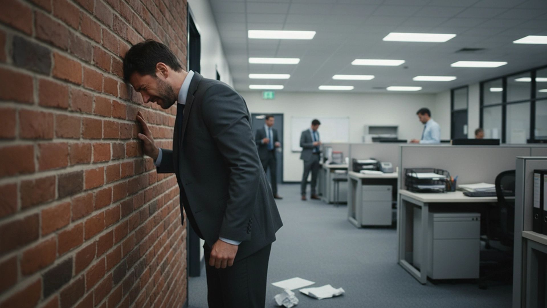 Frustrated businessman leaning his head against a brick wall in an office.