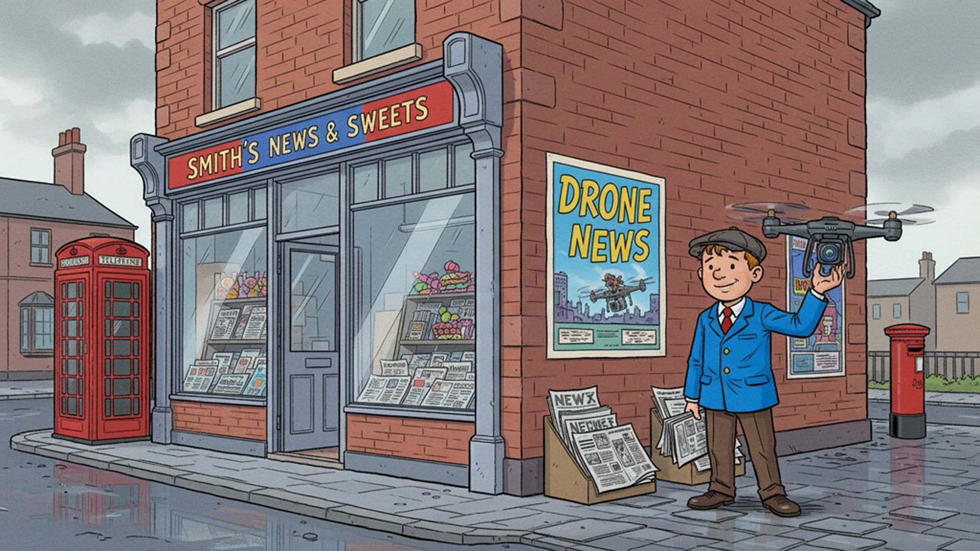 A boy holding a drone outside a news and sweets shop on a rainy day.