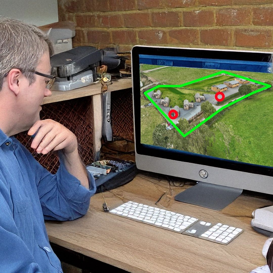 Two people reviewing a land development plan on a desktop computer screen.