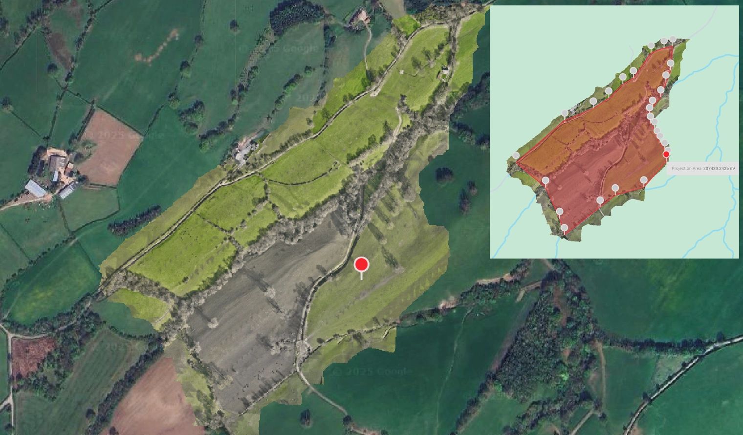 Aerial view of a rural landscape with highlighted land area and measurement overlay.