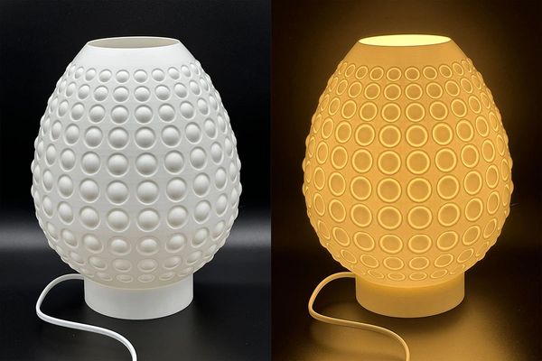 3D printed egg-shaped lamp with circular texture, first Fekla lighting sculpture.