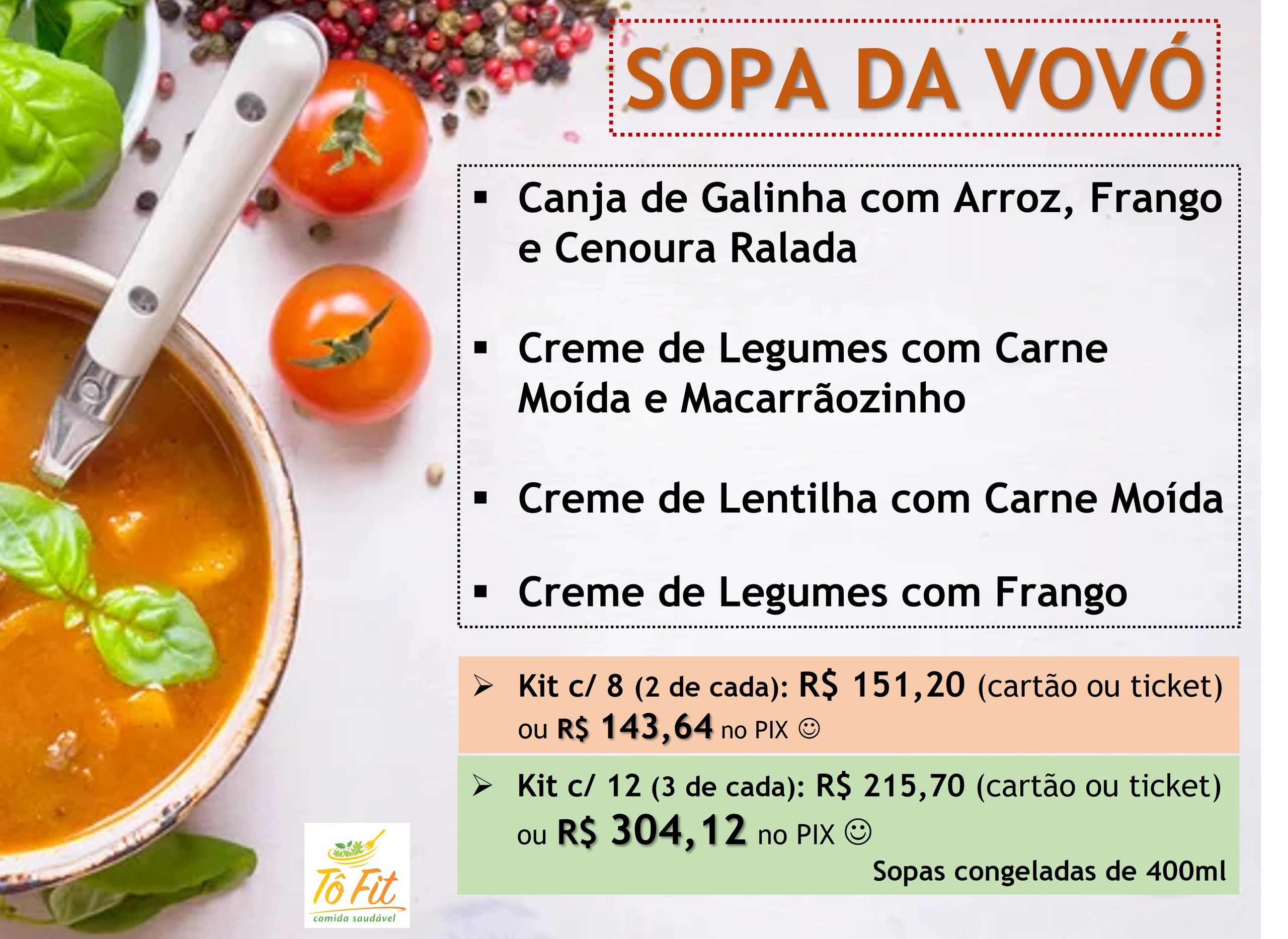 Menu of traditional homemade soups with prices and options.