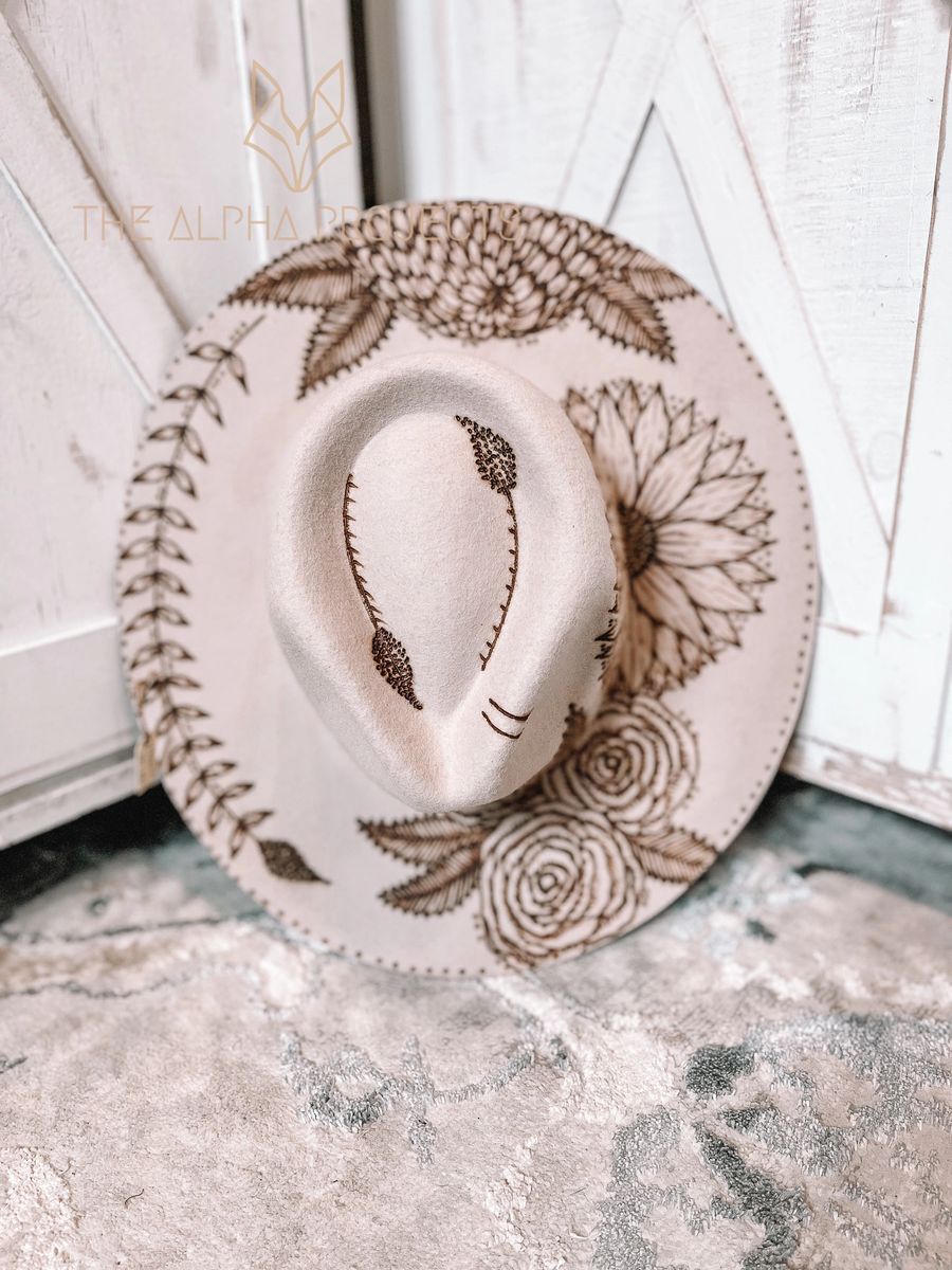 Custom Burned Cowboy Hat- Beige - Bourbon Cowgirl