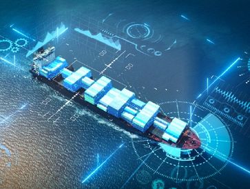 Cargo ship with digital data overlay in the ocean.