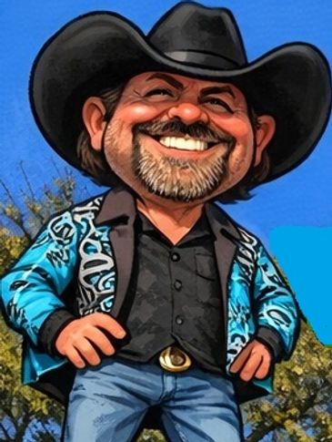 Caricature of a smiling man in a cowboy hat and blue jacket.