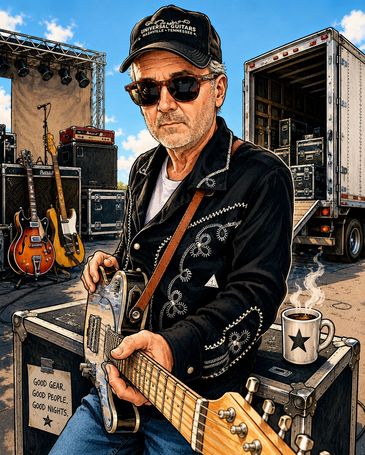 A man playing guitar near stage equipment and a coffee mug.