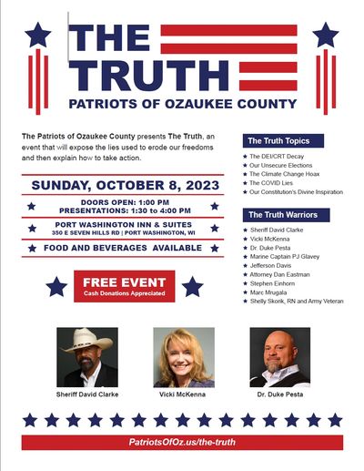 Flyer for The Truth event exposing lies, happening October 8, 2023, in Port Washington, WI.