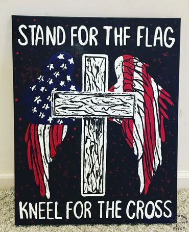 Stand for the Flag, Kneel for the Cross - canvas painting, cross and angel wings