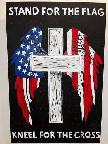 Stand for the Flag, Kneel for the Cross - canvas painting with cross and angel wings