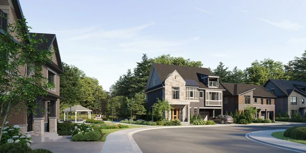 Quiet suburban street with modern houses and lush greenery on a sunny day.