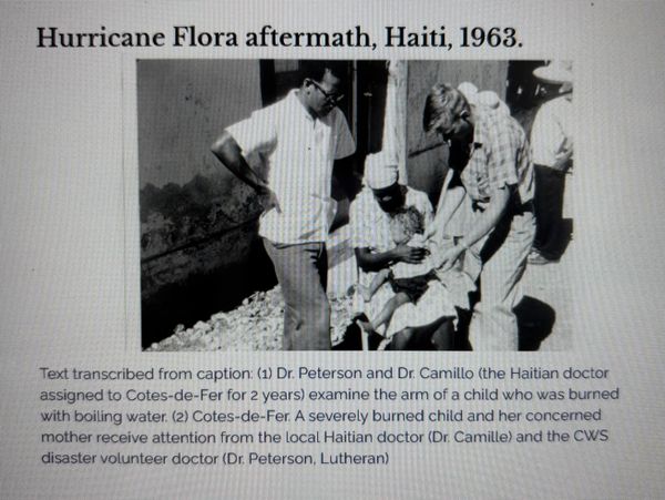 PHOTO: Dr. Peterson and Nurse Gohlke in medical tent, 
Relief doctors treating survivors in tents af