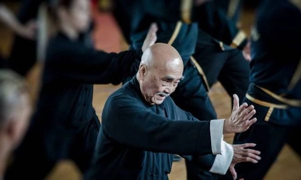Elderly man practicing martial arts.