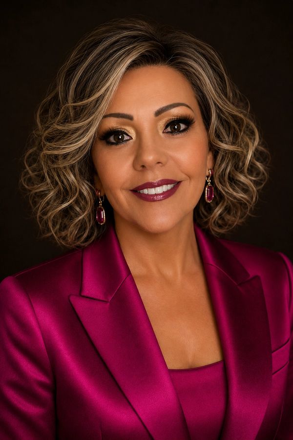 Confident woman with curly hair in a vibrant magenta blazer and matching earrings.