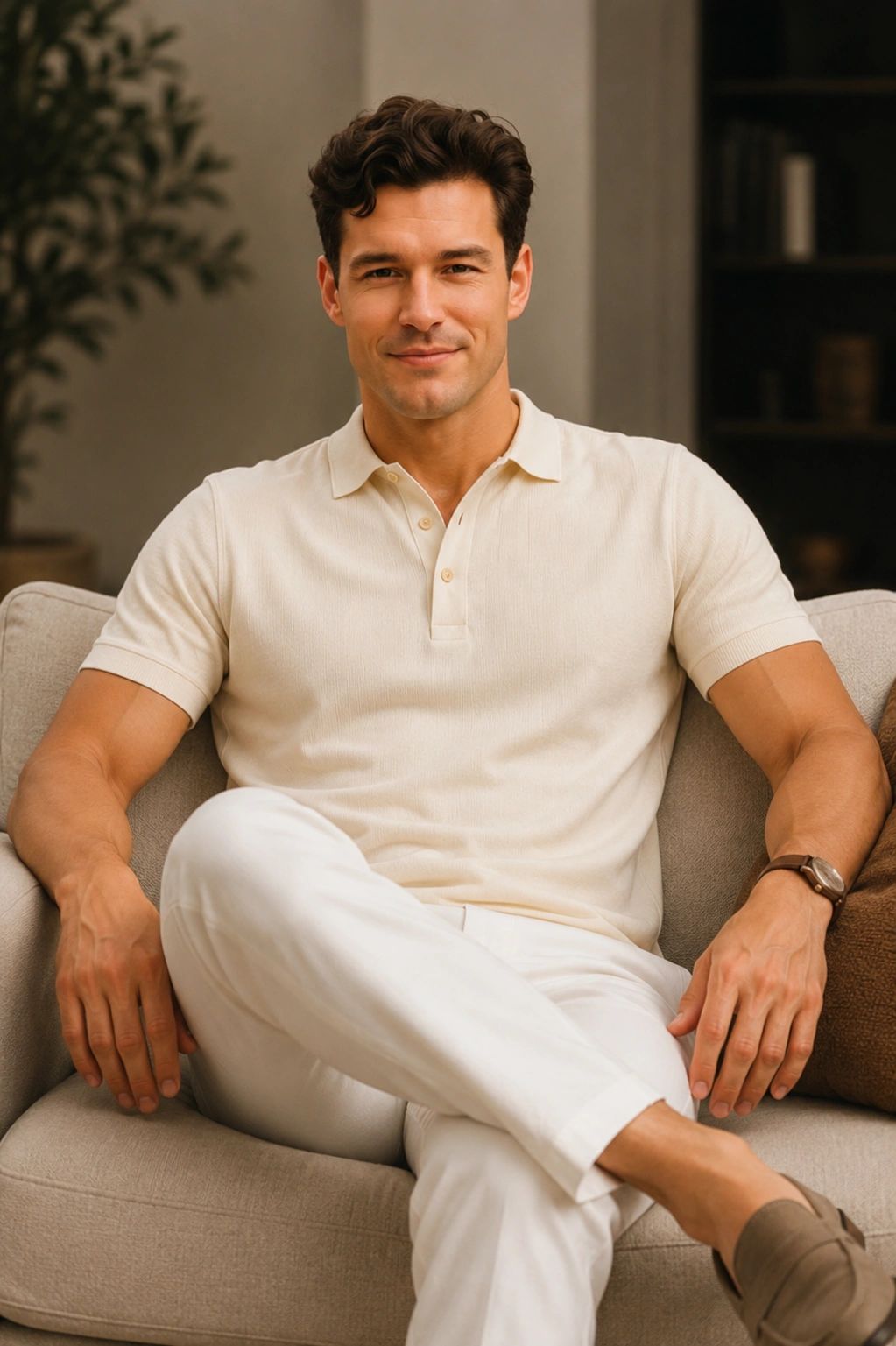 Man sitting on a couch wearing a cream polo shirt and white pants.