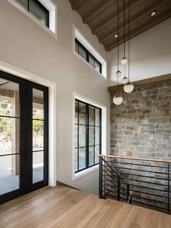 Modern interior with wooden floors, stone wall, and pendant lights.
