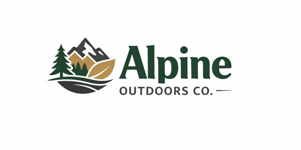 Logo for Alpine Outdoors Co. featuring mountains, trees, and a leaf.