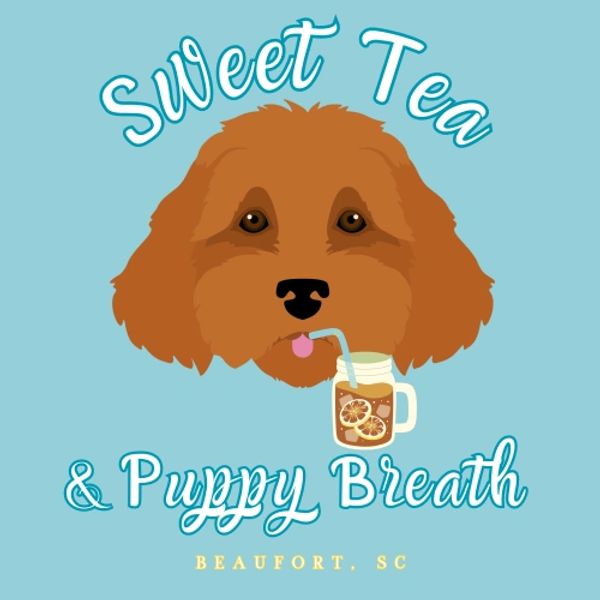 Sweet Tea & Puppy Breath logo featuring a cavapoo drinking sweet tea