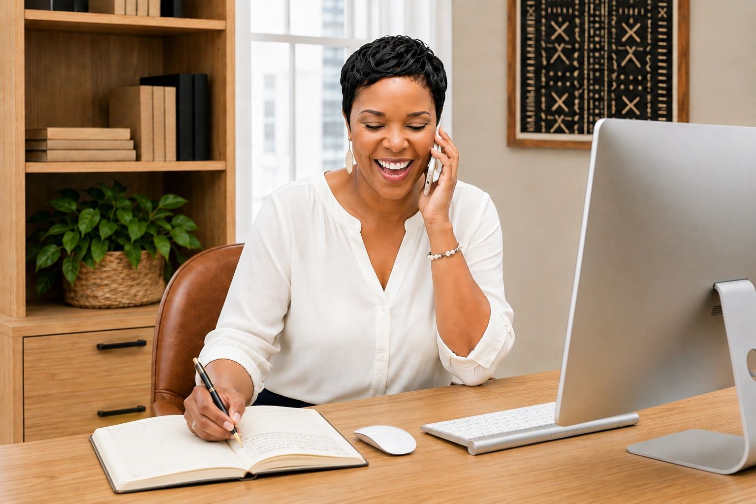 Woman smiling while talking on phone and writing in a notebook.