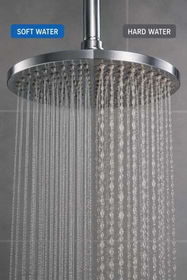 Shower head showing clear soft water versus mineral-heavy hard water flow.