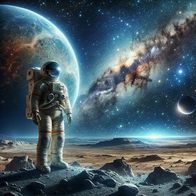 Astronauta em pé em um planeta desconhecido olhando o céu estrelado