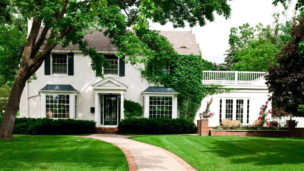 Beautiful white house with lush green lawn and climbing ivy on the walls.