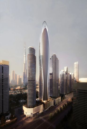 Futuristic skyscrapers in a metropolitan city during sunset.