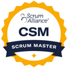 Scrum Alliance Certified Scrum Master (CSM) badge with a yellow border.