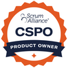 Scrum Alliance CSPO Product Owner badge with orange and navy design.