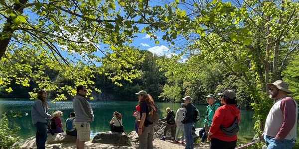 Group of people on a nature hike listening to a speaker