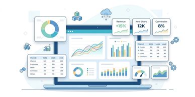 Laptop displaying various business analytics and performance metrics dashboards.