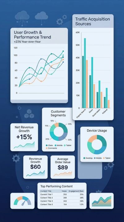 Dashboard showing user growth, traffic sources, revenue, and device usage statistics.
