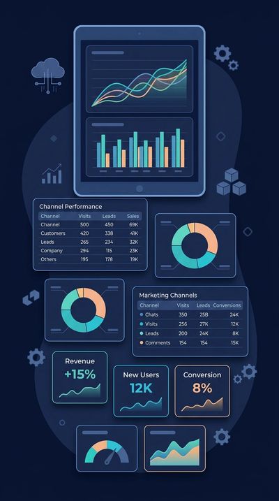 Digital dashboard displaying marketing analytics and performance metrics.