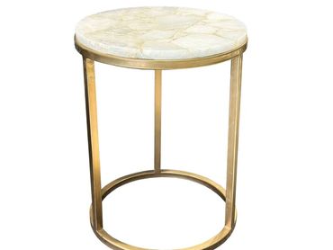 Elegant round side table with marble top and gold metal frame.