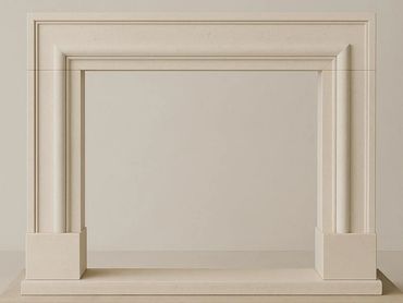 Minimalist beige fireplace mantel with clean lines and geometric design.