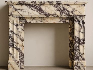 Elegant marble fireplace with intricate dark veining design.