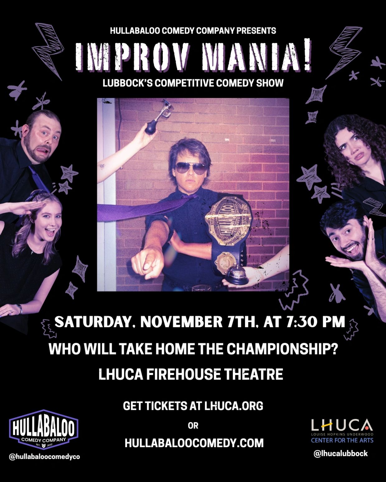 Improv Mania comedy show poster with five performers and event details.