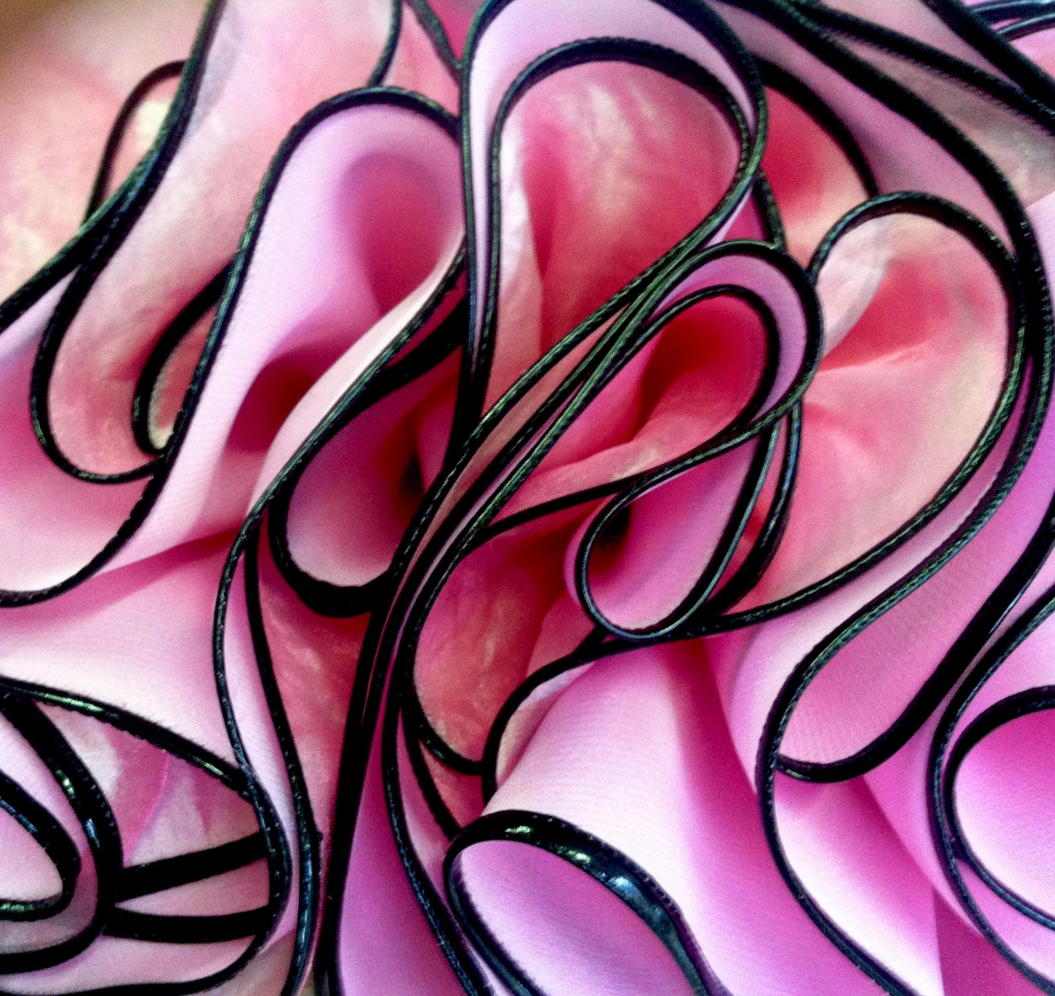 Close-up of pink fabric with black edges.