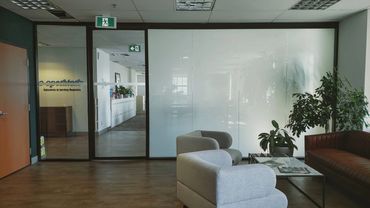 Switchable privacy film for instant privacy and the touch of a button. Can be customized with logos.