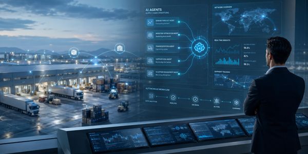 Man monitoring smart logistics and AI-driven supply chain operations in a futuristic control room.