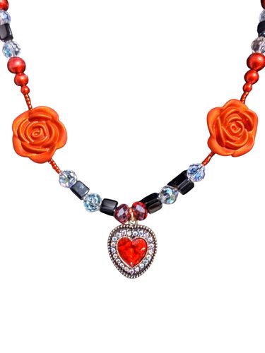 Red, black and clear glass beads with a heart pendent and round 1" roses 
