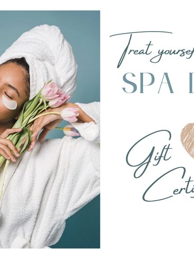 Woman enjoys a spa day with flowers and skincare, promoting a spa day gift certificate.