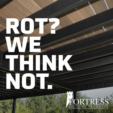 Advertisement for Fortress Building Products featuring a pergola roof structure.